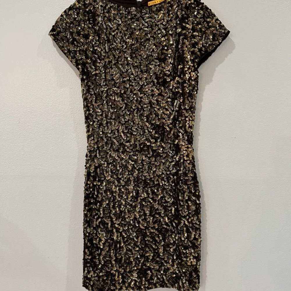 Alice + Olivia Brown Gold Sequin Bodycon Cap Sleeve Dress Size 0